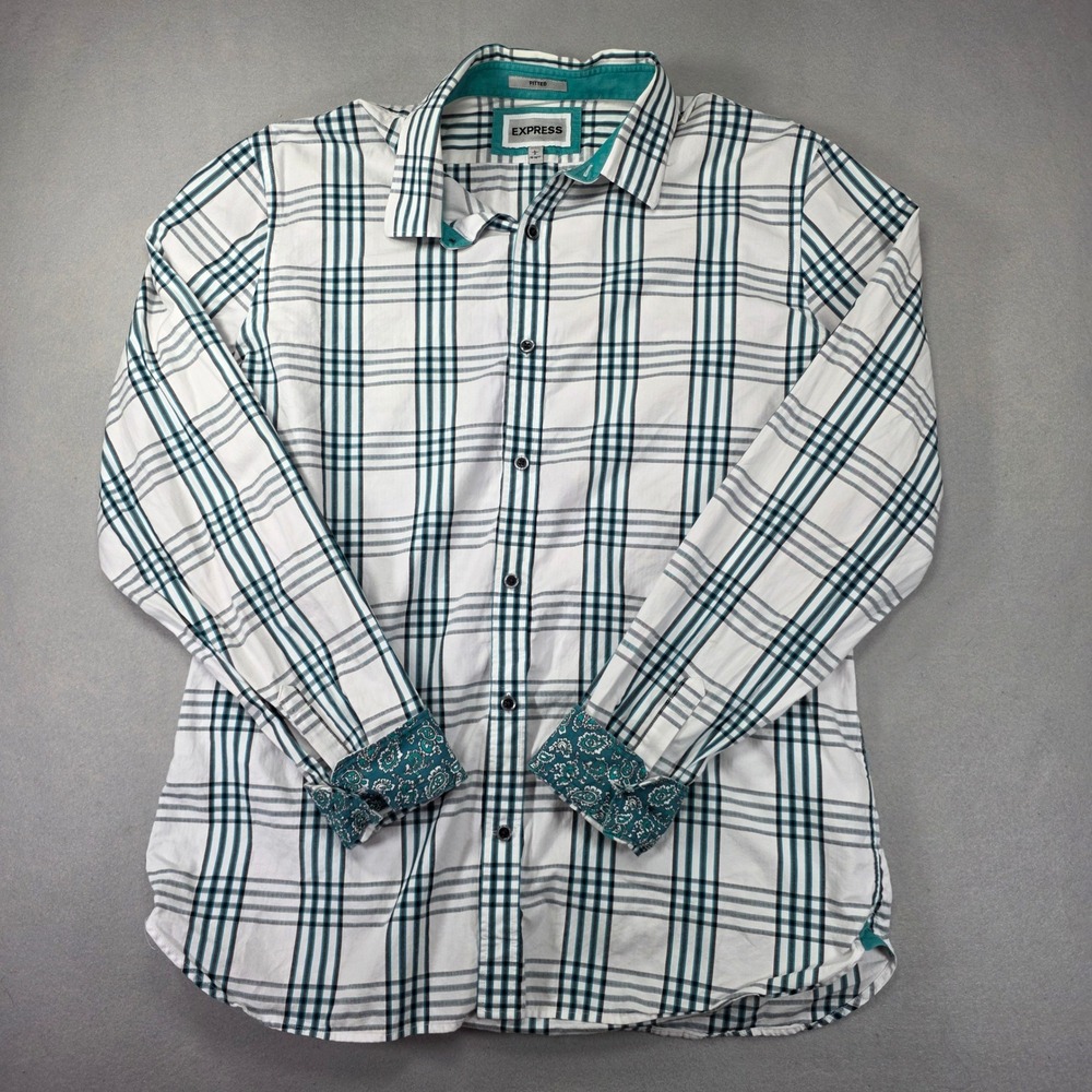 Express Mens Fitted Plaid Button Down Shirt White Teal Black Paisley Trim Large